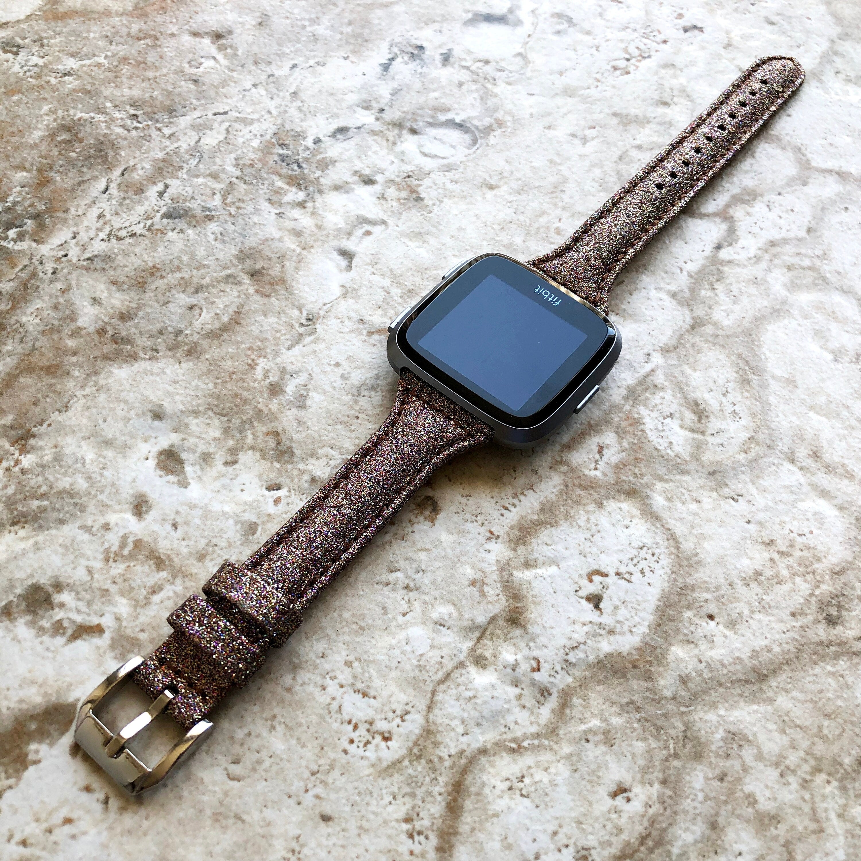 Fitbit Versa 2 3 4 Sense 2 Band Brown Sparkling Glitter Slim Elegant Soft Leather Strap with Stitching Details and Quick Release Attachments